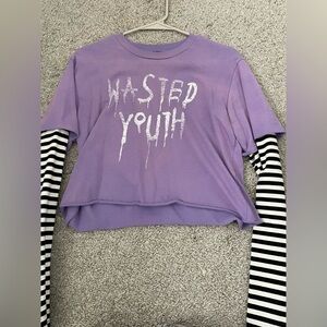 Hot Topic purple and black and white striped long sleeve crop top